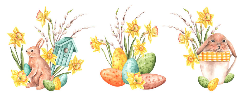Easter watercolor illustration set. Easter Bunny. Painted eggs. Easter basket. Birdhouse. Willow branches. Daffodils. Spring. The illustrations are isolated. For printing and electronic media.