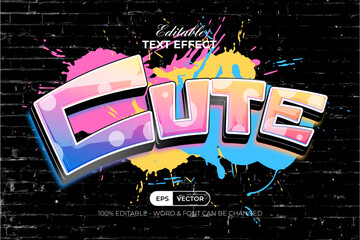 Cute graffiti text effect style. Editable text effect with splash and brick wall background. © Mockmenot