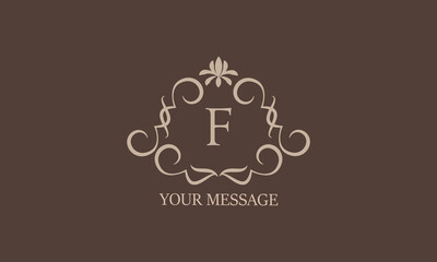 Decorative floral pattern. Heraldic symbols. Initial F for monogram and exclusive calligraphic design elements. Vector business sign, identity for hotels, restaurants, jewelry, fashion.