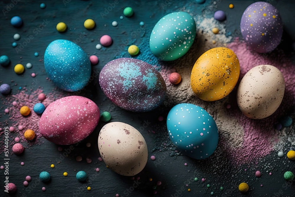 Wall mural colorful easter eggs with patterns on wallpaper background - generative ai