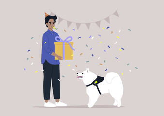 A dog owner celebrating his puppy's anniversary, a big gift box, a party hat, festive decorations