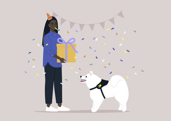 A dog owner celebrating his puppy's anniversary, a big gift box, a party hat, festive decorations