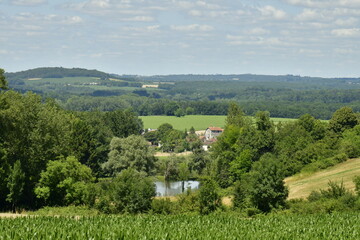 Paysage champêtre de plantation et de bois vert la vallée de la Lizonne et le bourg de Champagne...