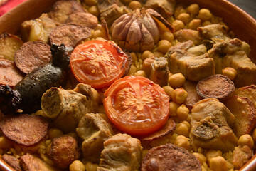 Close-up of a casserole of baked rice, typical dish of Xàtiva (Valencia, Spain)
