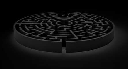 3d illustration of a black maze on a black background. Stock image.