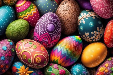 Fototapeta na wymiar Colorful Easter eggs with patterns on wallpaper background - Generative AI