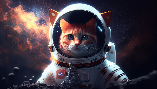 Gato astronauta con su uniforme fondo estrellado