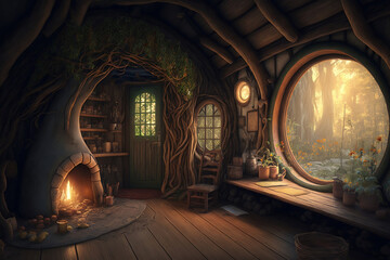 A cozy interior atmosphere with a fireplace is created inside a fantasy wooden hut in the forest, Generative Ai