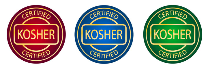 Set of Kosher food products labels, badges or logos. Round icon. Sticker design. Stamp	