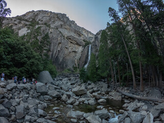 Yosemite Valley, California, USA, June 27, 2022: Lower Yosemite Fall Vista Point. Part of North America's tallest waterfall, Lower Yosemite Fall is the final 320-foot (98-meter) drop.