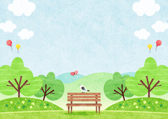 自然に囲まれた公園のベンチにとまる小鳥 新緑の水彩背景イラスト