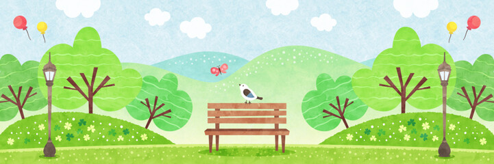自然に囲まれた公園のベンチにとまる小鳥 新緑の水彩風景イラスト - obrazy, fototapety, plakaty