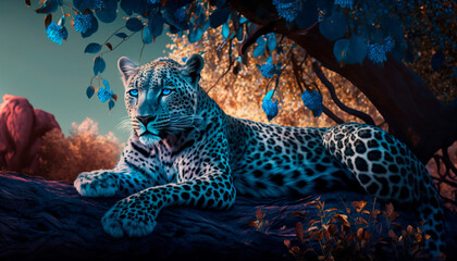 Leopard lying on tree on nature background. Generative AI