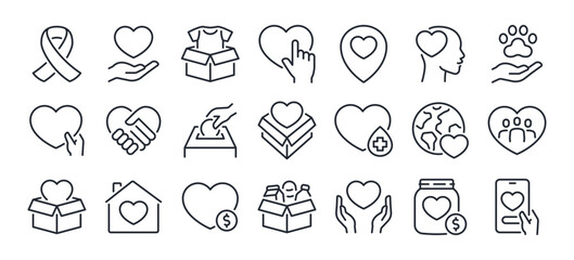 Care, help, charity and donation editable stroke outline icons set  isolated on white background flat vector illustration. Pixel perfect. 64 x 64. - obrazy, fototapety, plakaty