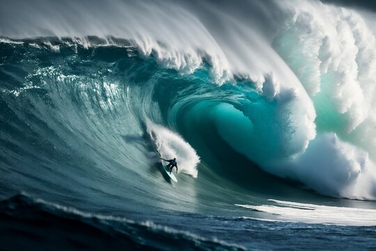 Surfista surfeando gran ola gigante en d&iacute;a soleado. Generative ai.