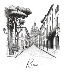 Rome city's street in sketch art style, outlined landscape