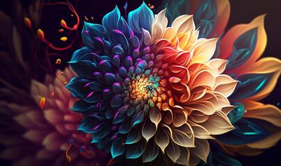 Beautiful modern colorful flower design. Flower art banner for print, creative design. Abstract flower illustration on black background. Generative AI