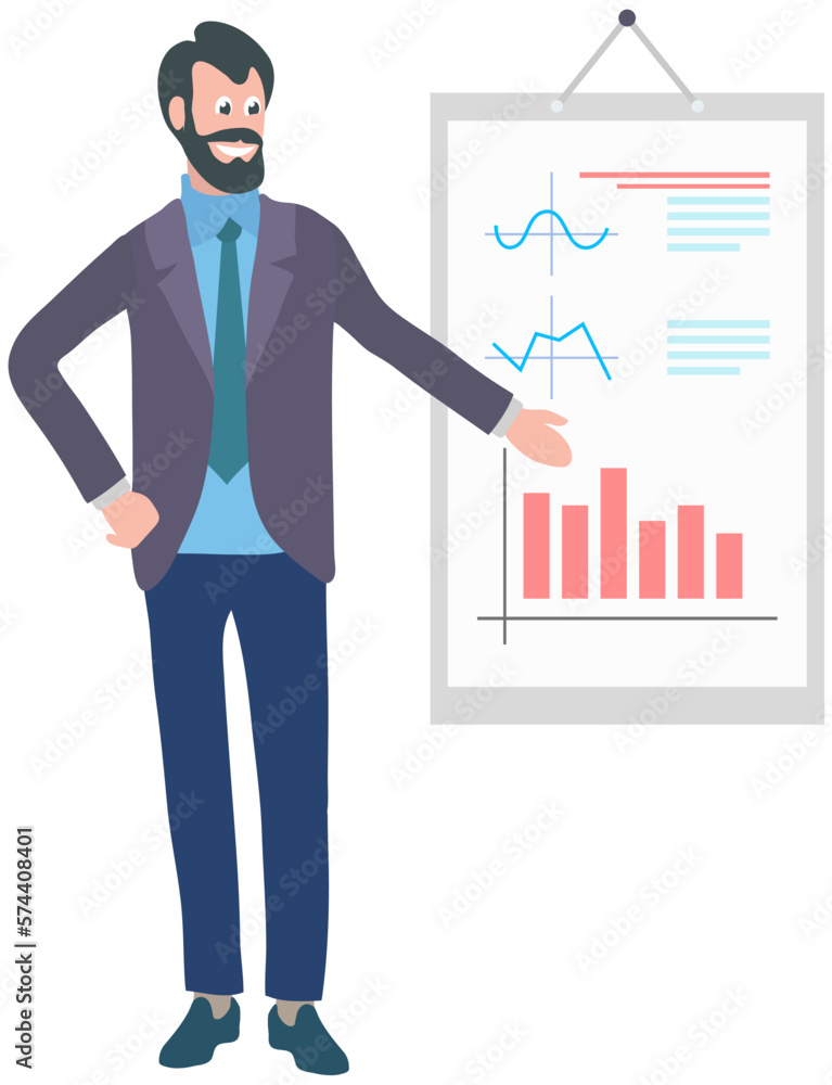Poster man stands at board with statistics diagrams and explore it. businessman doing report with data. man
