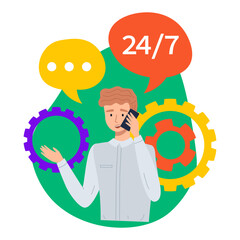 Customer service, call center, hotline. Online global technical support 24 7. Overworked employee with phone. Hotline operator advises customer. Client support department staff, telemarketing agents