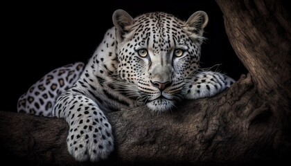 Fototapeta na wymiar White leopard lying on tree on nature background. Generative AI