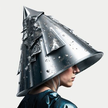 Woman wearing tin foil hat. Made with Generative AI.