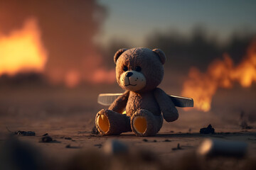 Toy bear sits background burning airplane accident. Concept terrorist attack plane, war bomb, children died. Generation AI