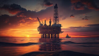 Obraz premium Golden Hour Offshore Oil Platform at Sunset. Generative AI