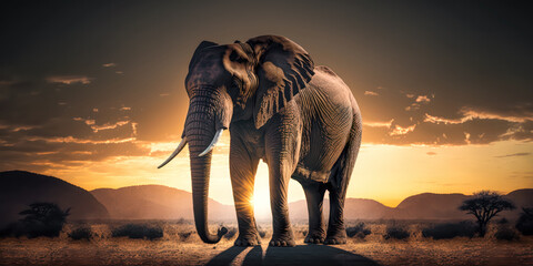 Fototapeta na wymiar Abstrakter Surrealer Sonnenuntergang in der afrikanischen Steppe mit wilden Tieren Illustration Generative AI Digital Art Hintergrund Reisedoku 