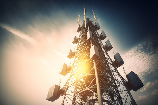 Base Station antenna 5G technology with sun light. Telecommunication tower for Internet network communication equipment. Generation AI