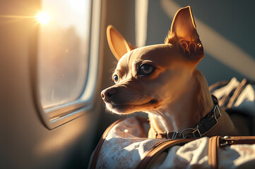 Happy traveler dog in bag transportation in airplane and train transport. Concept travel with pet animal. Generation AI - obrazy, fototapety, plakaty