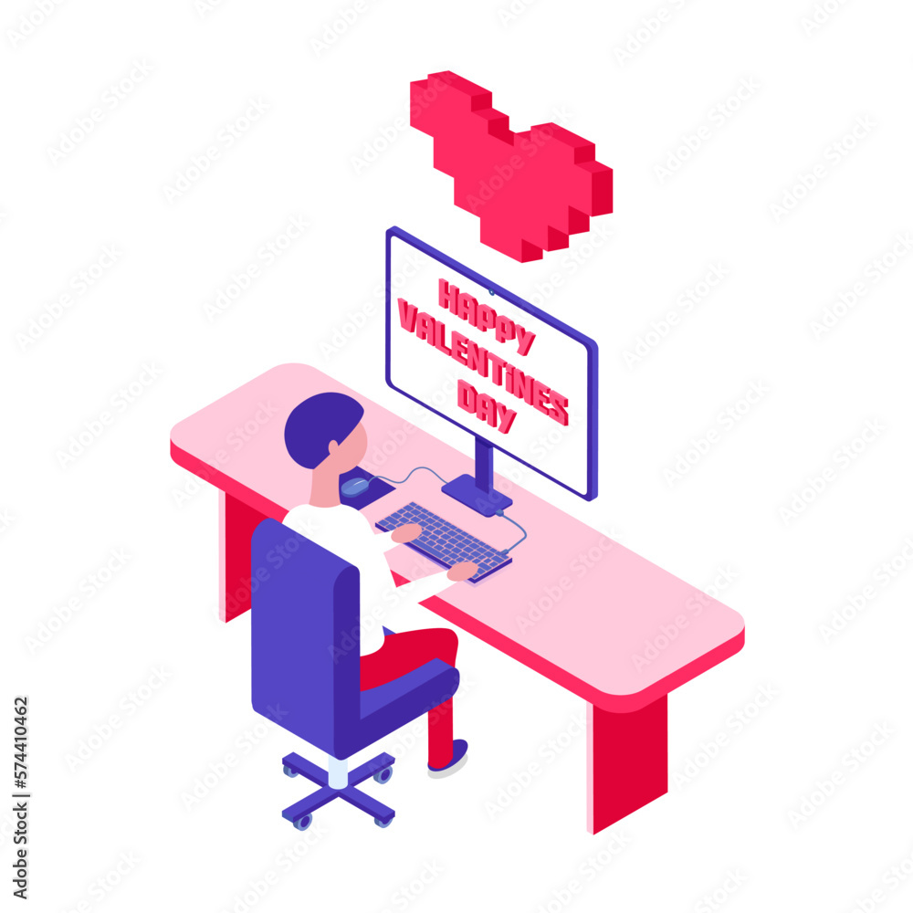 Poster pixel art computer and love message happy valentines day email. online love communication using lapt