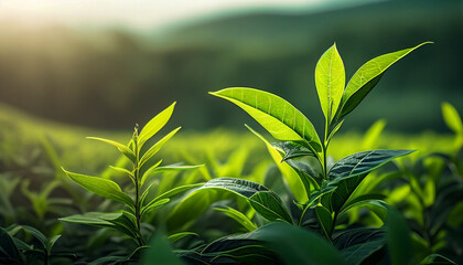 Green tea bud fresh leaves with soft light.Closeup green tea leaves in tea plantation with soft light background. It is also popular as a health drink.