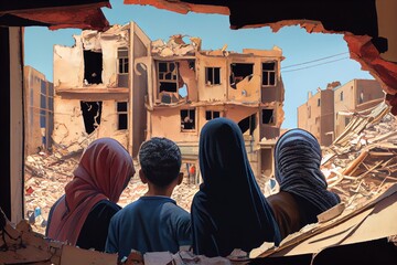 Refugees, view from the back, looking at damaged homes. People in front of destroyed home buildings because of earthquake or war missile strike. Refugees, war and economy crisis.