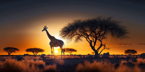 Fototapeta na wymiar Abstrakter Surrealer Sonnenuntergang in der afrikanischen Steppe mit wilden Tieren Illustration Generative AI Digital Art Hintergrund Reisedoku 