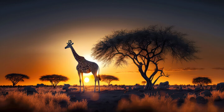 Abstrakter Surrealer Sonnenuntergang in der afrikanischen Steppe mit wilden Tieren Illustration Generative AI Digital Art Hintergrund  Reisedoku 