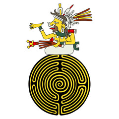Aztec goddess Tlazōlteōtl sitting on a round spiral maze or labyrinth symbol. Creative Native American mythological design. Mexican codex style.
