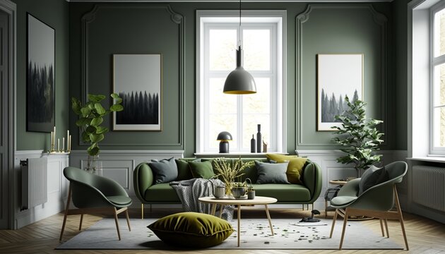 Bright scandinavian interior style olive color living room with sofa, armchair and coffee table, Generative AI