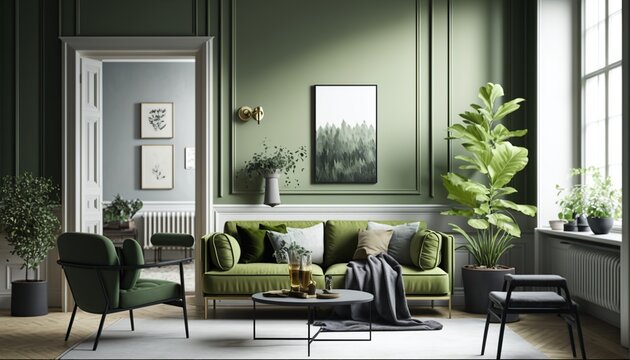 Bright scandinavian interior style olive color living room with sofa, armchair and coffee table, Generative AI