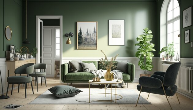 Bright scandinavian interior style olive color living room with sofa, armchair and coffee table, Generative AI