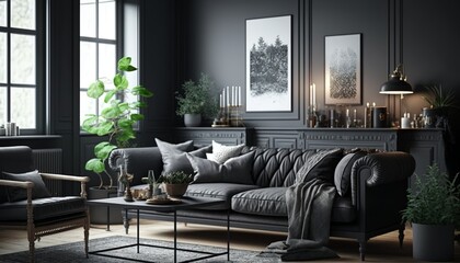 Bright scandinavian interior style charcoal color living room with sofa, armchair and coffee table, Generative AI