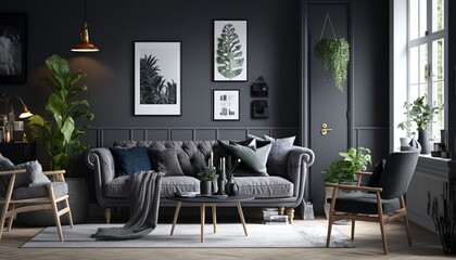 Bright scandinavian interior style charcoal color living room with sofa, armchair and coffee table, Generative AI