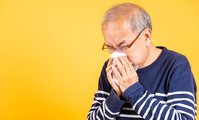 Portrait senior old man blowing nose with tissue studio shot isolated on yellow background, Asian...