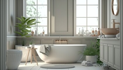 Fototapeta premium Scandinavian style bathroom interior with beige color bathtub, towel and big window Generative AI