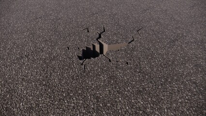destroyed asphalt earthquake, hole digital illustration, abstract broken wall, cracked concrete broken 3d render
