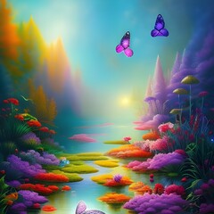 Fantasy landscape with colourful foreste and lake, butterflies in the air and flowers on the shore 
