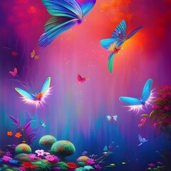 Fototapeta na wymiar fantasy land with with beautiful butterflies over colourful background