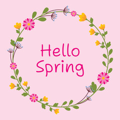Hello spring vector template banner, greeting card, poster. Words of welcome in a circular flower frame 