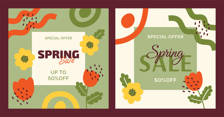 Spring sale vector banner template with colorful abstract elements and flowers. 