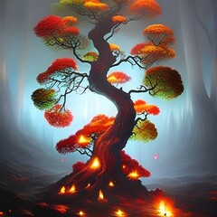 burning tree in a foggy forest