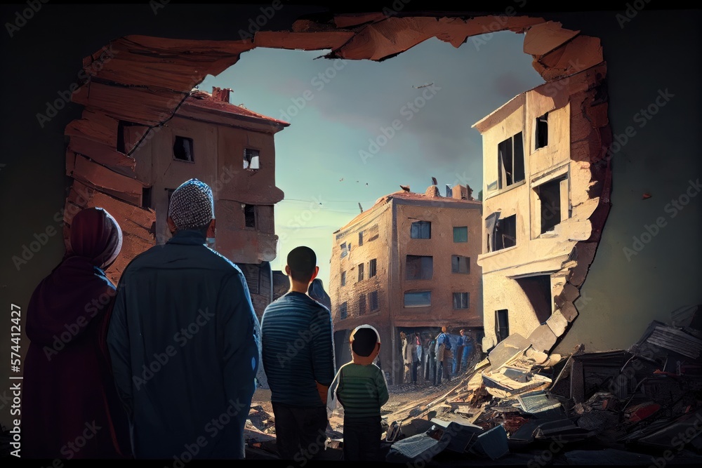 Wall mural Refugees, view from the back, looking at damaged homes. People in front of destroyed home buildings because of earthquake or war missile strike. Refugees, war and economy crisis.